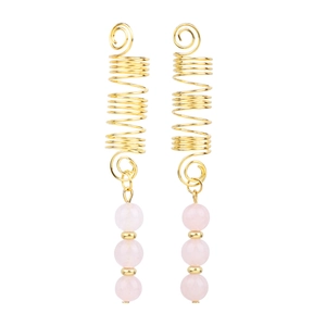 Detail of bohemian gold spiral hair charms with three pink natural stone beads