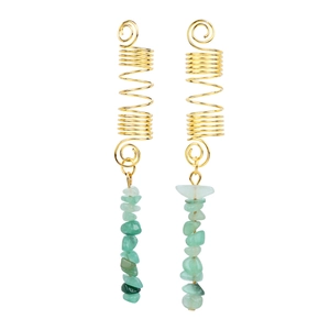 Detail of golden spiral dreadlock cuffs with natural green stone dangles set of two