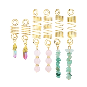 6-piece gold spiral hair accessories with natural crystal and bead stone pendants