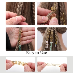 Detail of DIY golden spiral hair rings with natural stones showing easy application