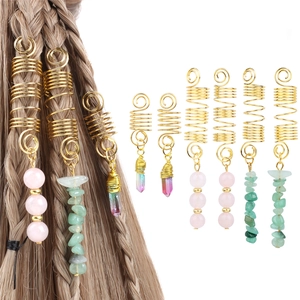 Bohemian gold spiral dreadlock charms with natural crystal and stone hair pendants