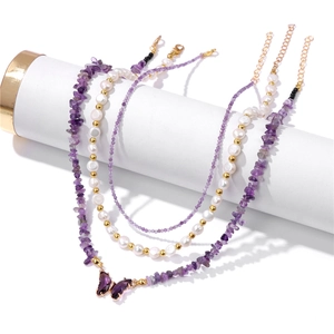 Three-layer vintage necklace with purple natural stones, butterfly pendant and pearls