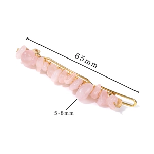 65mm gold hair clip with natural pink crystal stones and polished wire wrapping