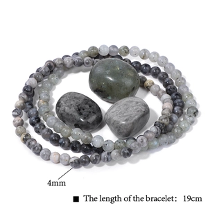 Dettaglio macro del bracciale con perline di labradorite 4mm e pietre grezze lucide