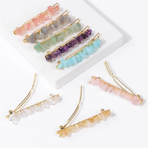 Colorful natural gemstone hair clips with gold alloy base and assorted crystal stones