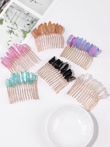 Detail showing set of six bohemian hair combs with colorful natural crystal stone chunks