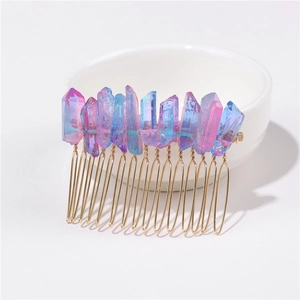Bohemian bridal hair comb with iridescent pink and blue raw crystals on gold metal pins