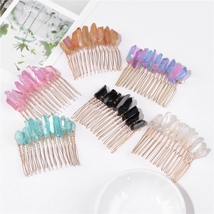 Bohemian natural raw crystal hair combs set in six colors with golden metal base