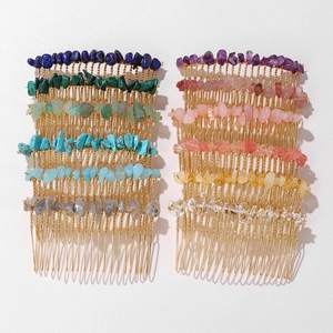 Natural Crushed Stone Hair Comb Handmade Gold Wire Wrapped Agate Amethyst Hairpin Bridal Wedding Bohemian Women Hair Jewelry