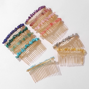 Detailed set of 10 gold wire hair combs featuring colorful natural stone chips and crystals