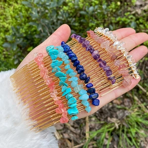Macro view of bridal hair combs featuring colorful natural stone chips and golden wire hooks