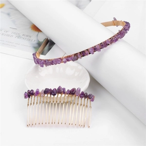 Handmade purple natural stone headband and hair comb set with gold metal wire wrap