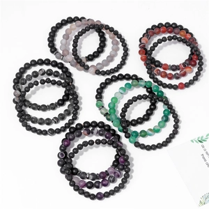 Set de pulseras de piedra de lava y ágata mate para hombre con roca volcánica natural