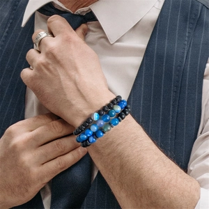 Conjunto de 3 pulseras de hombre con piedra de lava y ágata azul para traje de negocios