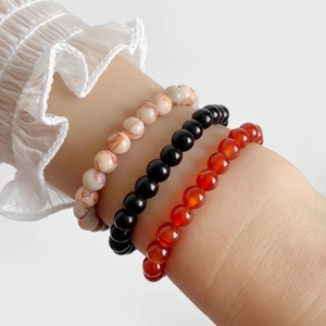 Three-piece set of natural stone beaded bracelets with agate and obsidian for women