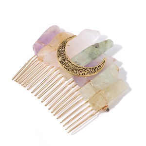 Handmade bohemian hair comb with colorful raw crystals and vintage gold moon decoration