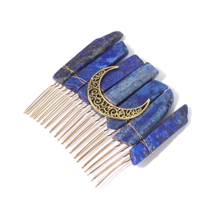 Detail of bohemian lapis lazuli hair comb with golden crescent moon filigree