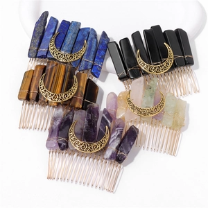 Natural crystal stone hair combs with gold moon charms for vintage bridal styling