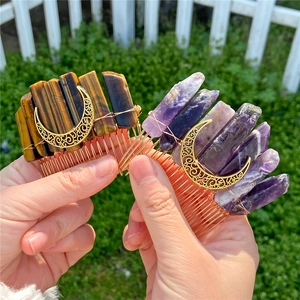 Bohemian hair combs with raw tiger eye and amethyst stones and golden hollow moon charms