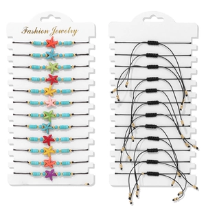 Detail of 12pcs adjustable starfish bead bracelets with colorful charms and woven ropes