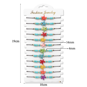Detail view of 12-piece starfish bead bracelet set with 19x10cm card packaging