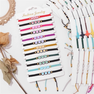 12Pcs handmade woven adjustable bracelets with heart and cross charms on cards