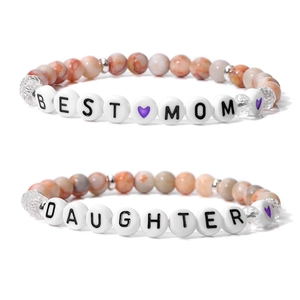Detailed view of natural stone bead bracelets with Best Mom and Daughter letter beads