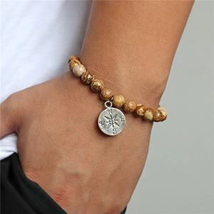 Naturstein-Armband aus 8mm Picture Jasper mit vintage silbernem Kompass-Anhänger