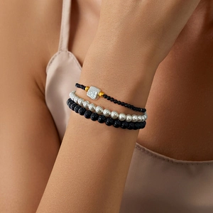 Three-layer set of black stone beads and baroque pearl bracelets for women jewelry