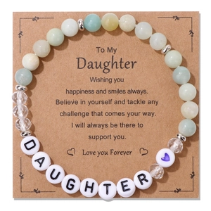Natural Stone Agate Beaded Bracelet For Mother Daughter Letter Charm Handmade Bracelet With Greeting Card Mother's Day Gift Jewelry For Women