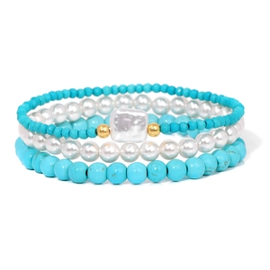 Bohemian Natural Stone Faux Artificial Pearl Three Layer Bracelet Set Elastic Beaded Strand Hand Jewelry For Women Fashion Gifts