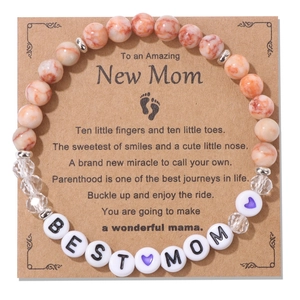 Natural stone bead bracelet with BEST MOM letter charms on greeting card gift set