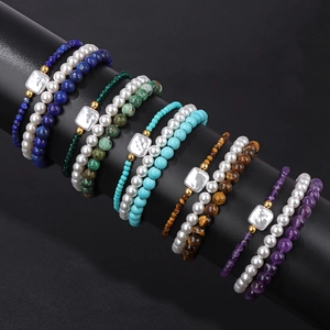 Three-layer natural stone bead bracelet set with pearls and shells for women