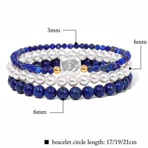 Three-layer set of natural stone beads, pearls, and shell charms stretch bracelet for women