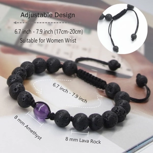 Verstellbares 8mm Lavastein und Amethyst Perlenarmband mit Kordelzug für Damen