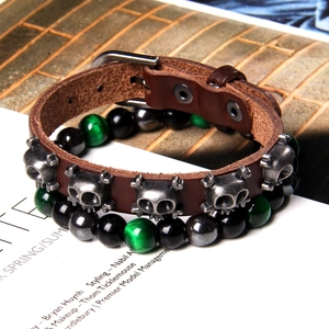 Mens punk multi-layer leather bracelet with silver skulls and tiger eye stone beads