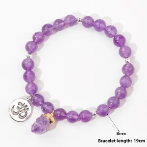 Pulsera de amatista natural de 8mm con amuleto Om y colgante de piedra en bruto
