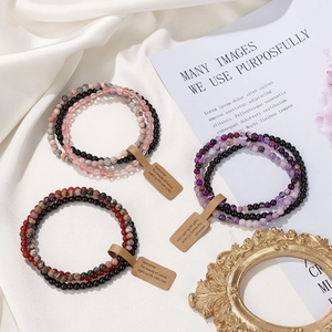 Three-piece set of natural 4mm gemstone beaded bracelets with amethyst and rose quartz stones