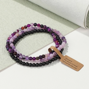 Three-piece set of 4mm natural amethyst and black agate beaded bracelets with kraft tag