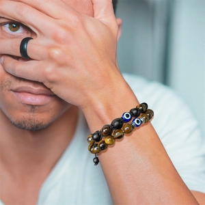 Tigerauge und Evil Eye Perlenarmband-Set für Herren mit geflochtenem Seil am Handgelenk