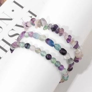 Detailed view of three natural fluorite beaded bracelets featuring irregular stone shapes