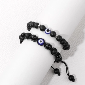 Tigerauge und Böser Blick Perlenarmband-Set mit schwarzem geflochtenem Seil für Herren