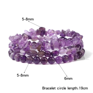 Detailed set of three amethyst bracelets featuring raw chips and round beads in 19cm length