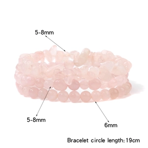 Three-piece rose quartz bracelet set featuring irregular raw stones and round beads