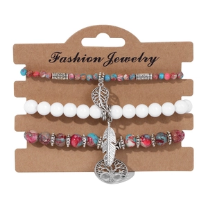Bohemian Natural Agate Beaded Bracelet Set For Women Silver Tree Of Life Leaf Feather Pendant Retro Hand Jewelry Gift