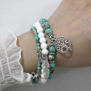 Bohemian tree of life beaded bracelet set with turquoise stones and leaf pendants