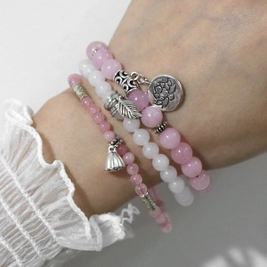Ensemble de bracelets en perles de pierre rose et blanche avec breloques feuilles