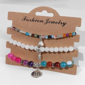 Ensemble de 3 bracelets en perles de pierre naturelle avec pendentifs feuille et lotus