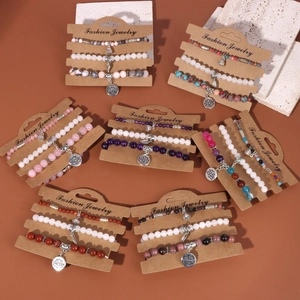 Sets de bracelets en pierres naturelles bohèmes avec pendentifs arbre de vie et lotus