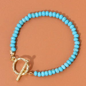 Bracelet en perles de pierre naturelle bleu ciel à facettes avec fermoir OT en métal doré